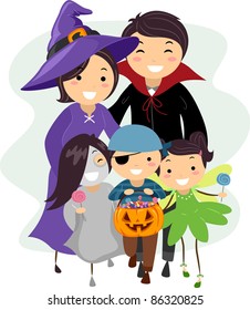 Illustration of a Family Dressed in Halloween Costumes