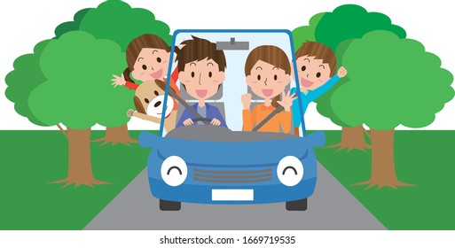 Illustration of a family driving in summer
