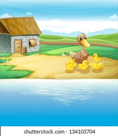 Illustration of a family of duck near the river