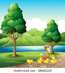 Illustration of a family of duck at the riverbank