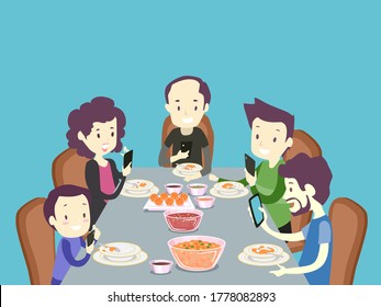 Illustration of a Family Eating Dinner and Each Using Mobile Phone