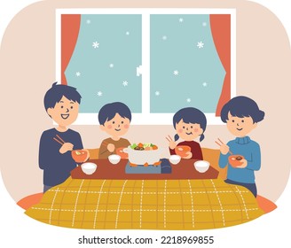 Illustration of a family eating hot pot with a kotatsu