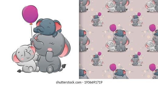 La ilustración del elefante familiar tocando los globos de colores