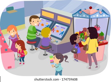 Illustration Of A Family Enjoying A Day In The Arcade