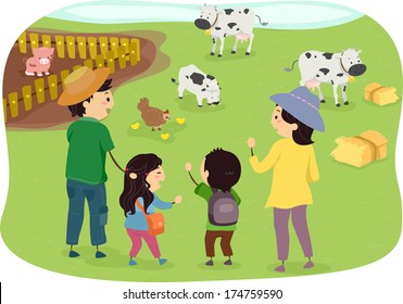 Illustration of a Family Enjoying a Day in the Farm