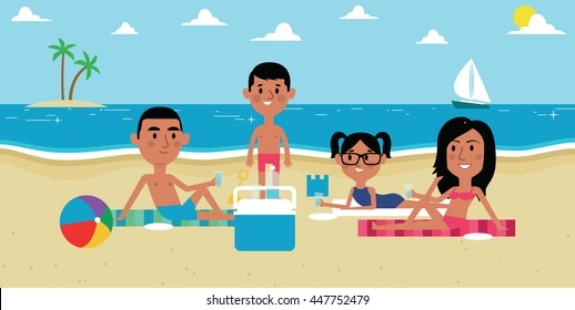 Illustration Of Family Enjoying Picnic On Beach Together