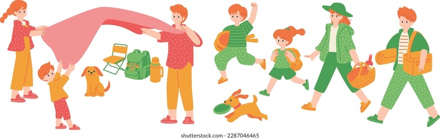 It is an illustration of a family enjoying a picnic with a picnic sheet spread out.