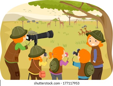 Illustration of a Family Enjoying a Safari Tour