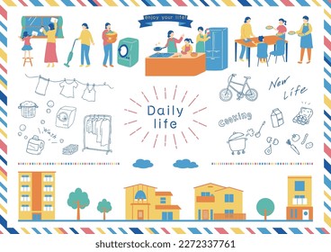 Illustration of a family enjoying their daily life