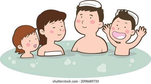 Illustration of a family entering a hot spring