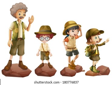 Illustration of a family of explorers on a white background