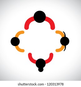 Illustration of family of father, mother, daughter & son together. The colorful graphic contains parents in red and their children in orange color forming a nuclear family.