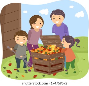 Illustration Of A Family Filling A Compost Bin Together