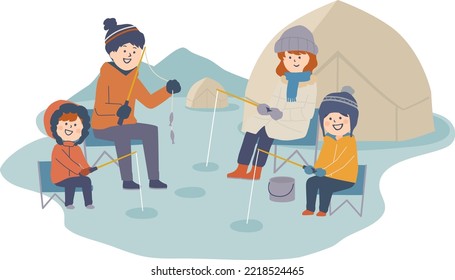 Illustration of a family fishing for Japanese pond smelt