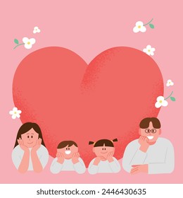 An illustration of a family of four with a chin on their hands and a big heart