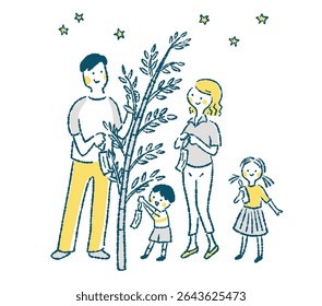 Illustration of a family of four decorating a bamboo branch with strips of paper on which they have written their wishes for the Tanabata Festival, a traditional Japanese event.
