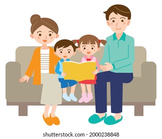 Illustration of a family of four happy parents and children relaxing on the sofa