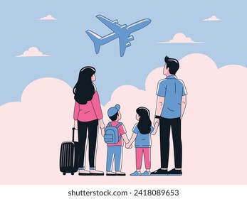 Illustration of a family of four on vacation, boarding an airplane, with illustrations of the plane and travelers.