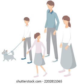 It is an illustration of a family of four and a pet dog taking a walk together.