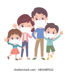 It is an illustration of a family of four. They are wearing masks. It is a vector art and can be edited.
