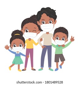 It is an illustration of a family of four. They are wearing masks. It is a vector art and can be edited.