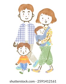 Illustration of a family of four with two young children