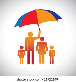 Illustration of a family of four with umbrella. The graphic represents father protecting the family of mother & children by covering with umbrella. Also represents concept of caring,love, bonding, etc