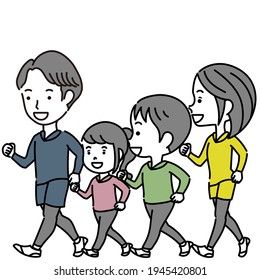Illustration of a family of four walking outside