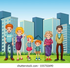 Illustration of a family in front of the tall buildings in the city