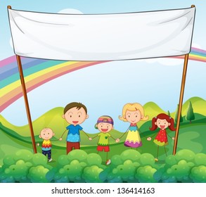 Illustration of a family in the garden with an empty banner