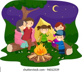 Illustration of a Family Gathered Around a Bonfire