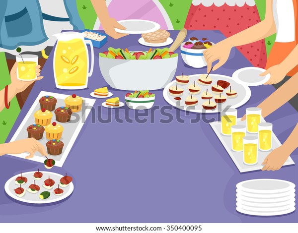 Illustration of a Family Gathering Together for an\
Outdoor Meal