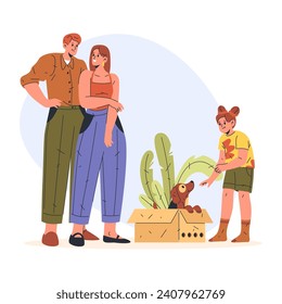Illustration of family gifting dog or puppy to child or kid. Vector image of couple with doggy animal in carton box. Package with domestic canine animal. Veterinary adoption help concept. Pet present