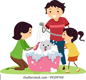 Illustration of a Family Giving Their Dog a Bath