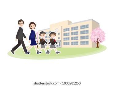 Illustration Of Family Going To Elementary School Entrance Ceremony