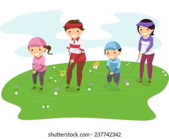 Illustration of a Family in a Golf Course Playing Golf Together