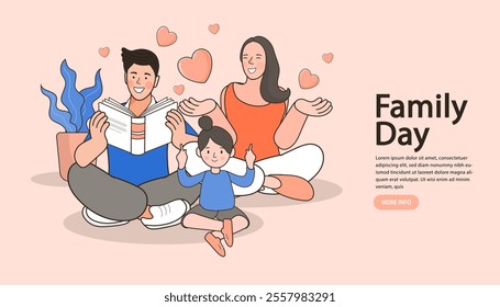 illustration of A family happily sits and reads a book together. Family members - mother, father and preschool children. Family relationship, parents and kids talking together Modern flat vector .