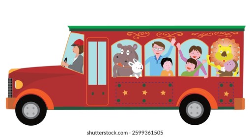 Illustration of family having fun riding a retro bus.