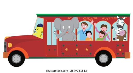Illustration of family having fun riding a retro bus.