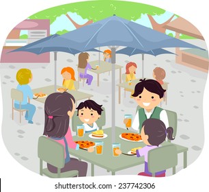 Illustration of a Family Having a Meal in an Outdoor Restaurant