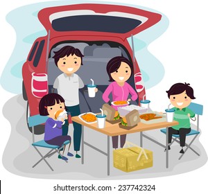 Illustration Of A Family Having A Picnic At The Back Of Their Car