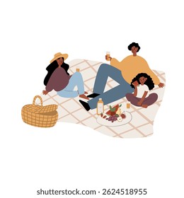 Illustration of a family having a picnic on a checkered blanket. Black man, African American woman, and child enjoy food and drinks. Picnic basket and snacks surround them. Flat vector illustration.
