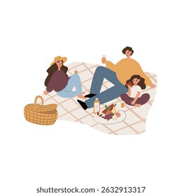 Illustration of a family having a picnic on a checkered blanket. A man, a woman in a hat, and a child enjoy food and drinks. A picnic basket and snacks surround them. Flat vector illustration.