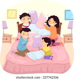 Illustration of a Family Having a Pillow Fight in Bed