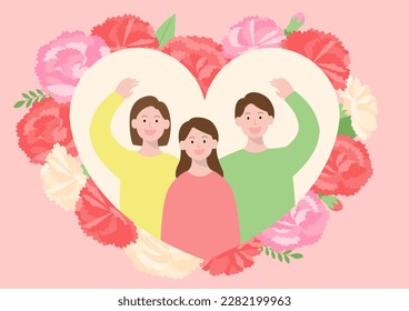 Illustration of a family in a heart frame.