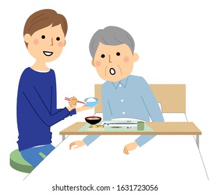 Illustration of a family helping the elderly to eat.