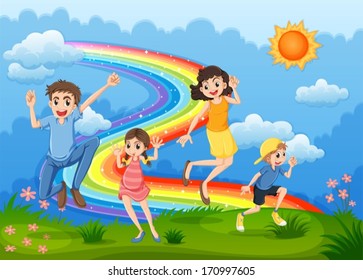 Illustration of a family at the hilltop playing with the rainbow