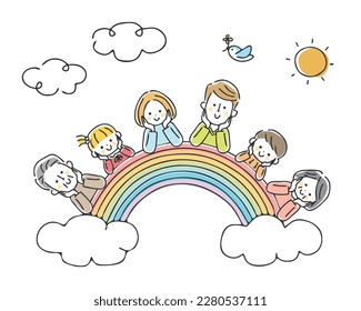 An illustration of a family holding their cheeks on a rainbow.