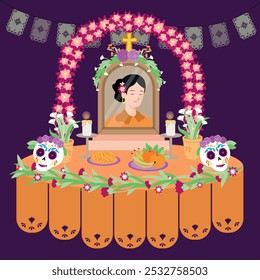 illustration of family home altar for day of the dead filled with flowers, food, fruits and skulls