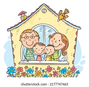 Illustration of family house - parents with two children looking out the window